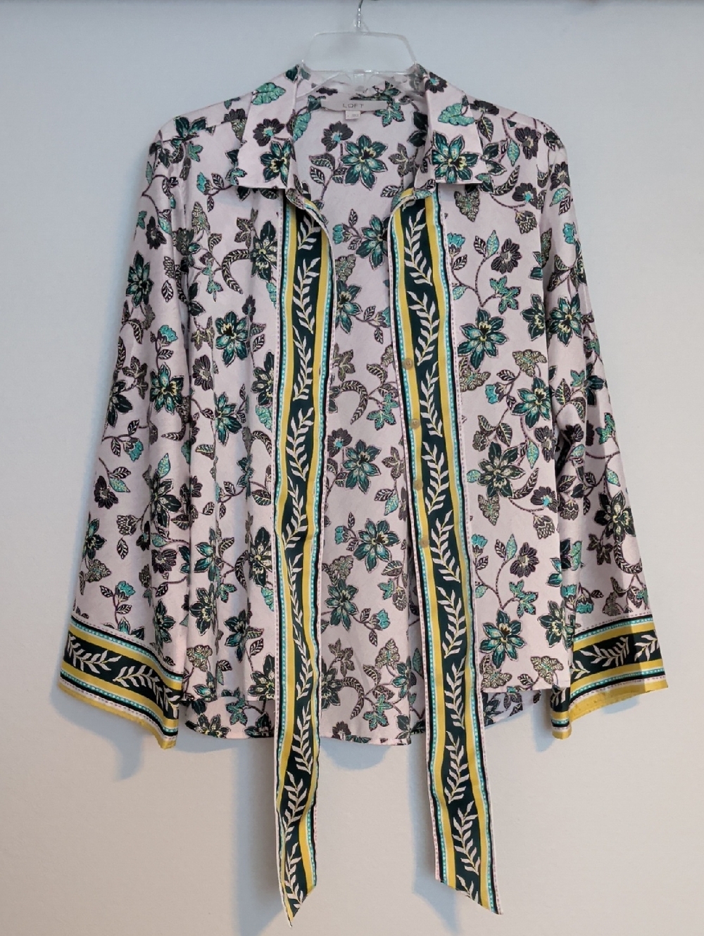 LOFT Pink Floral Tie-Neck Blouse with Teal and Black Trim